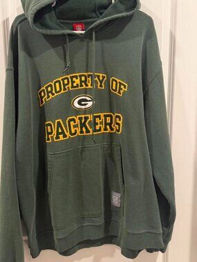 Green Reebok NFL Green Bay Packers hoodie with yellow text reading 'PROPERTY OF